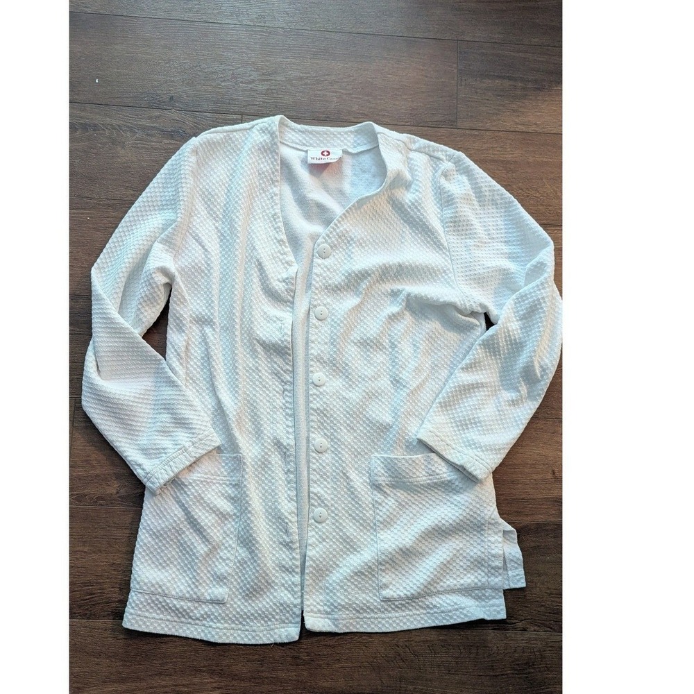 White Cross Womens White Waffle Knit Button Front Medical Scrub Jacket Size S